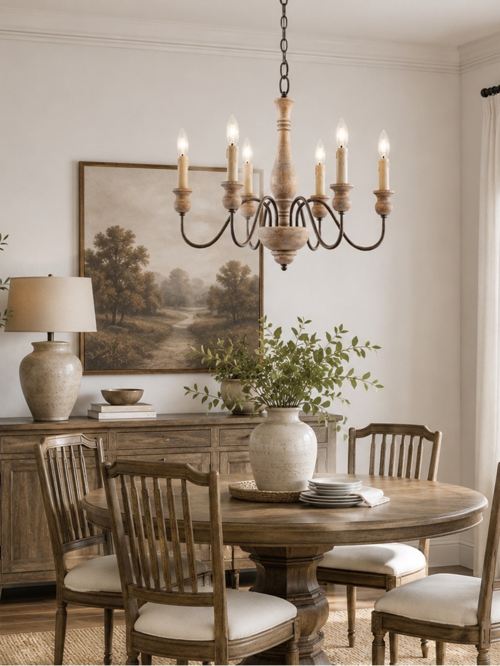 French Country Wood Chandelier 6-Light Rustic Farmhouse Dining Room Light NEW